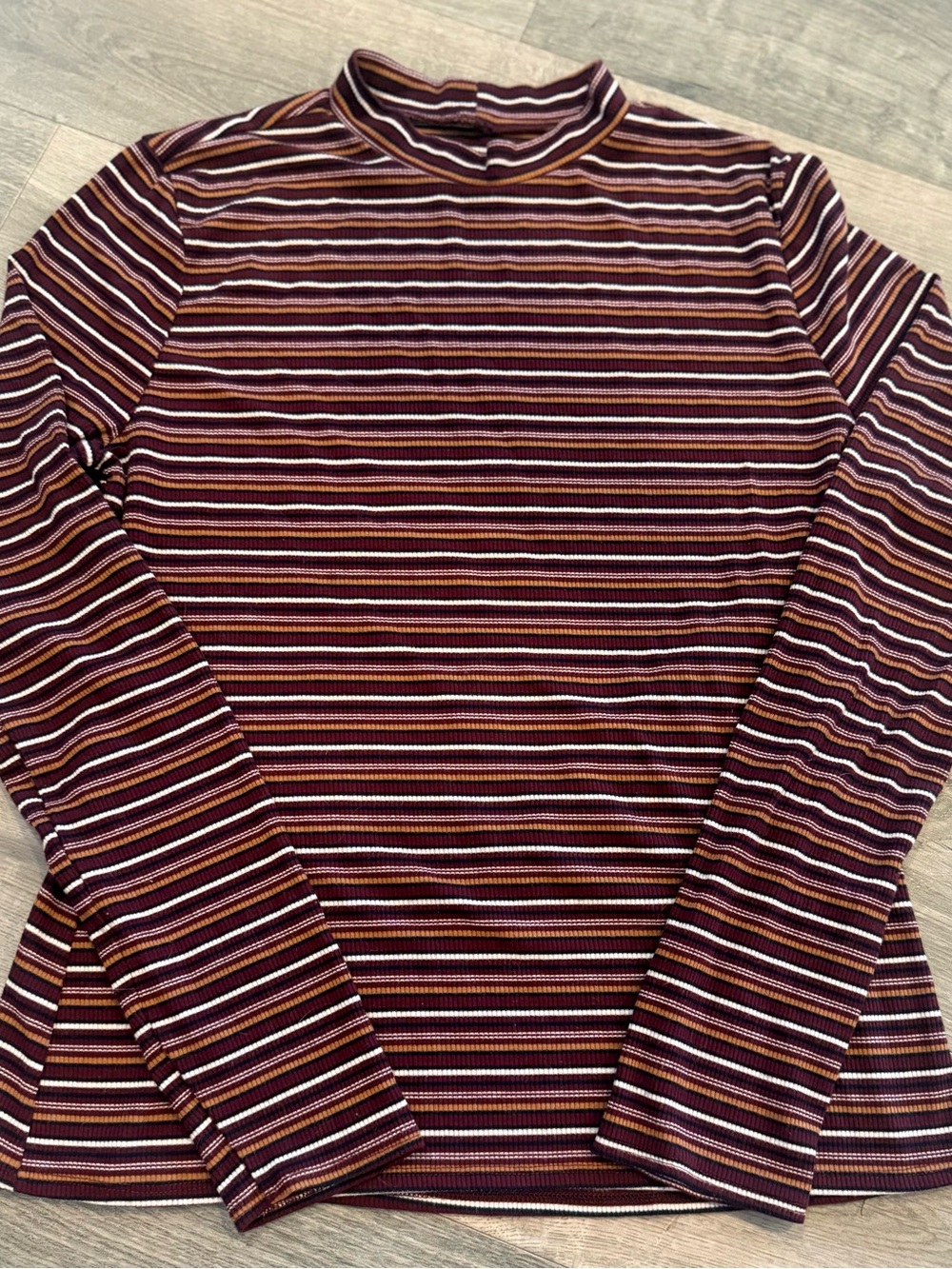 George Striped Ribbed Mock Neck Top in Burgundy, Pink & Mustard